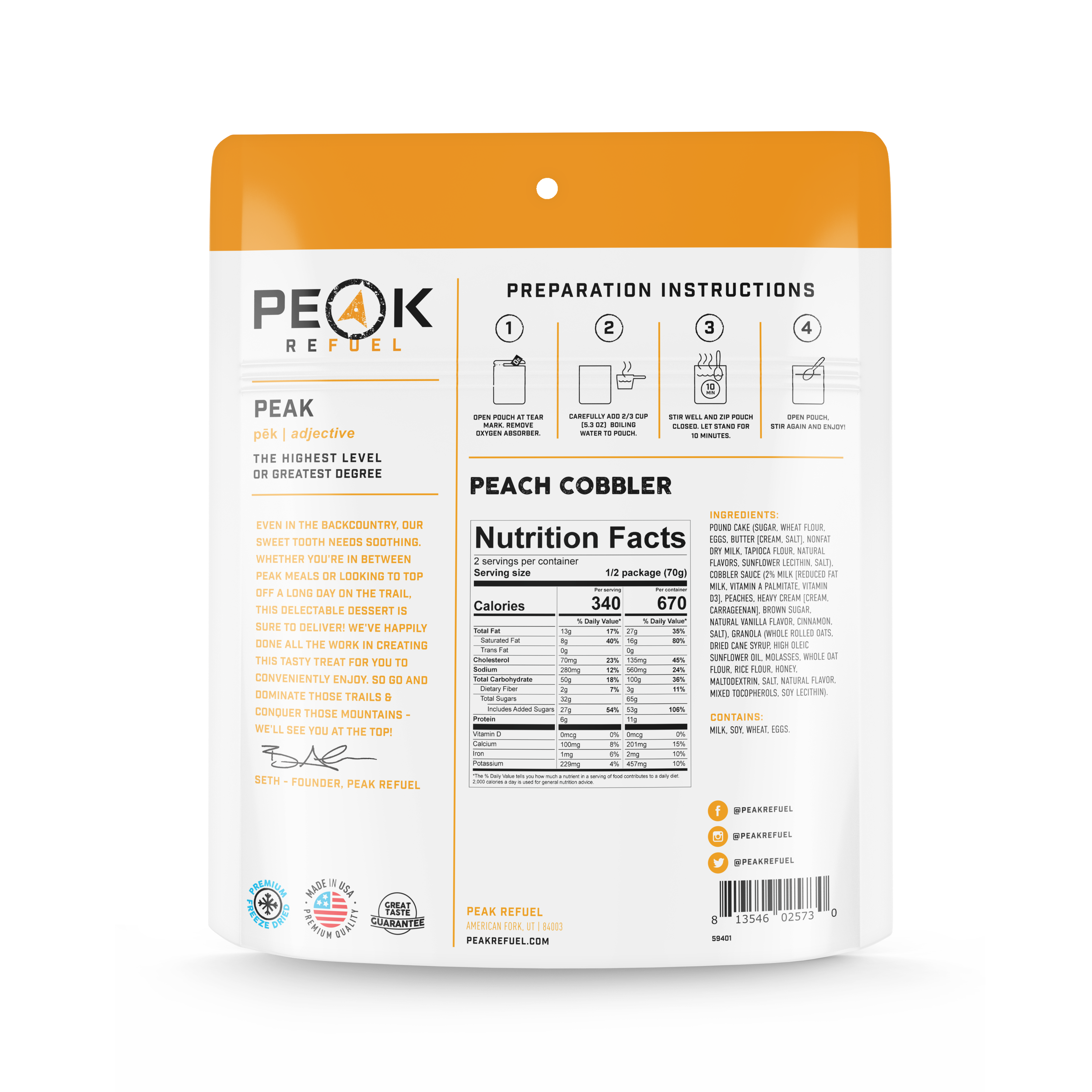 A package of Dessert Cobbler Variety Pack, a white and orange bag with black text, a black and yellow compass, a logo on a white surface, a close-up of a logo, a nutrition facts label with black text, and a close-up of a sign.