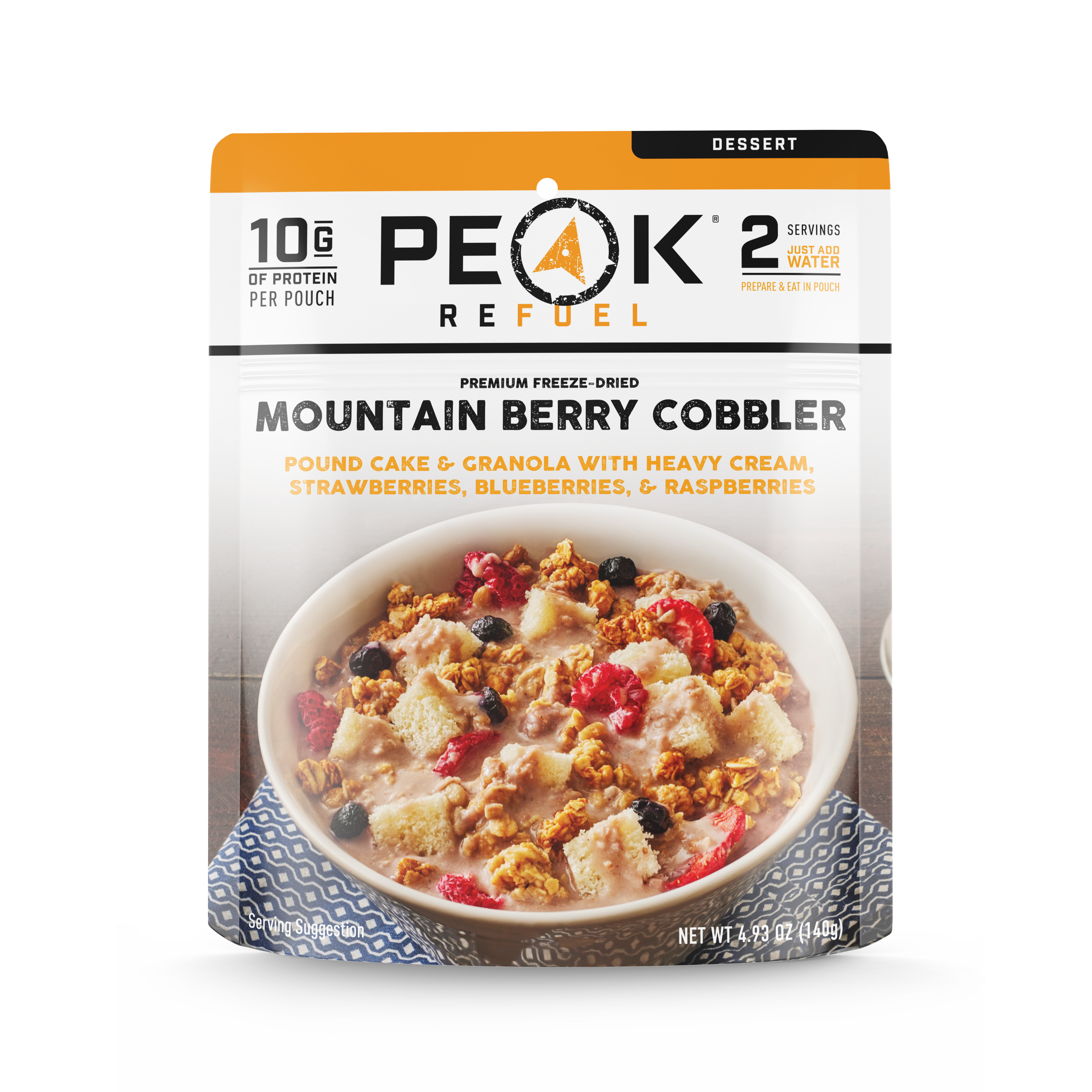 A package of food featuring a Dessert Cobbler Variety Pack, including a bowl of cobbler with fruit and yogurt, and a close-up of a fruit.