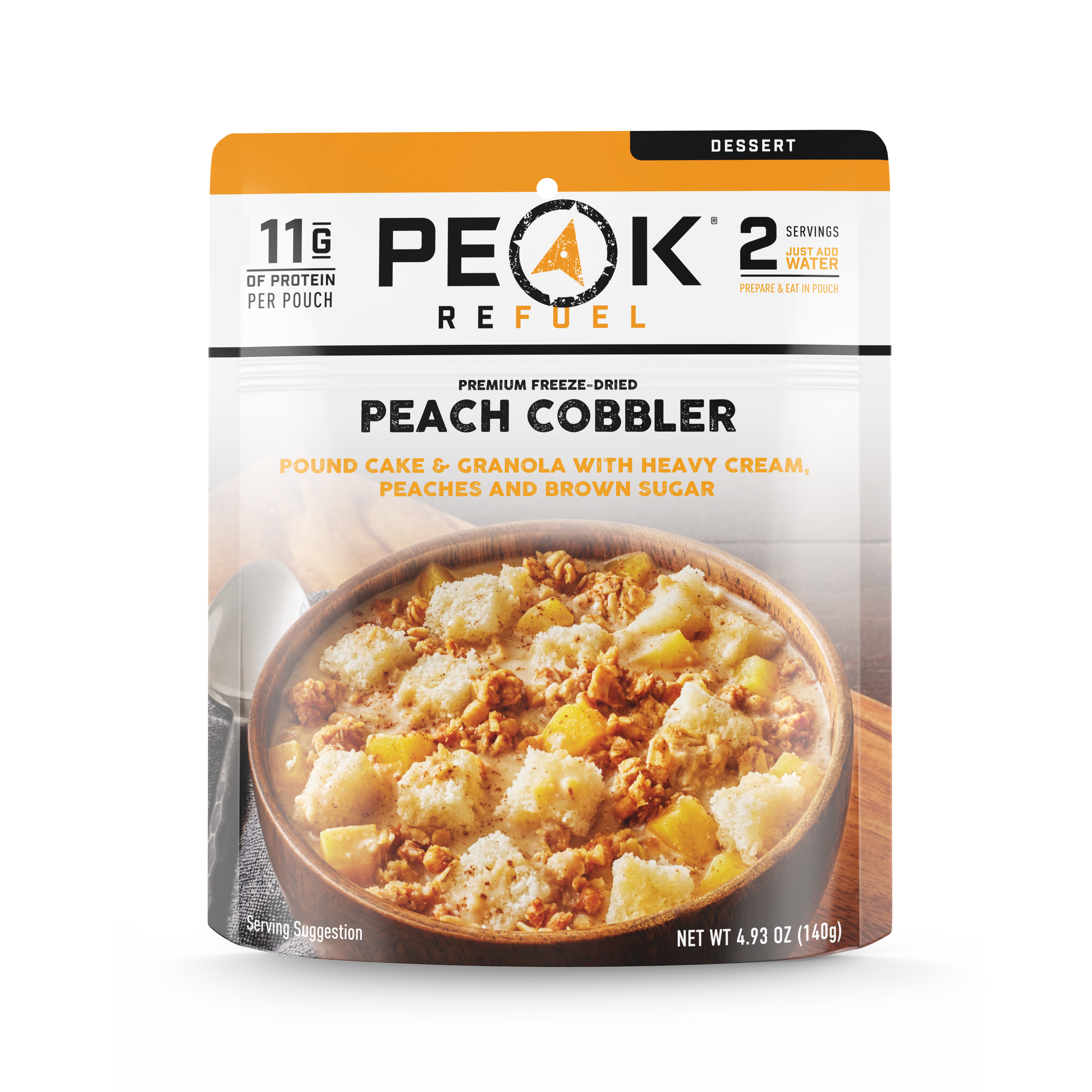 Peach Cobbler dessert in a package, ready to be enjoyed on the trail. Just add boiling water, stir, and wait 10 minutes. 670 calories per pouch.