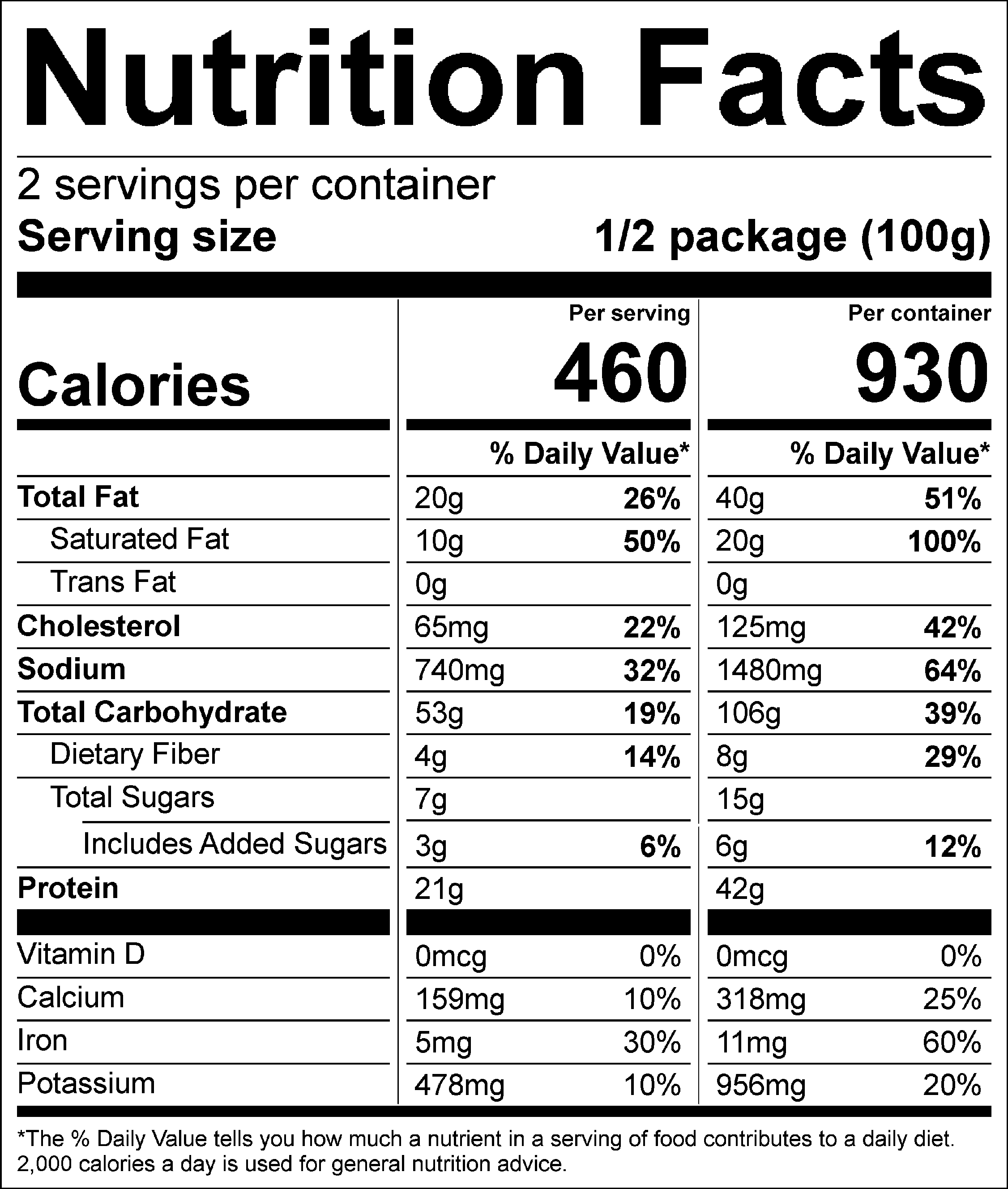 A nutrition facts label with black text, font, and numbers.
