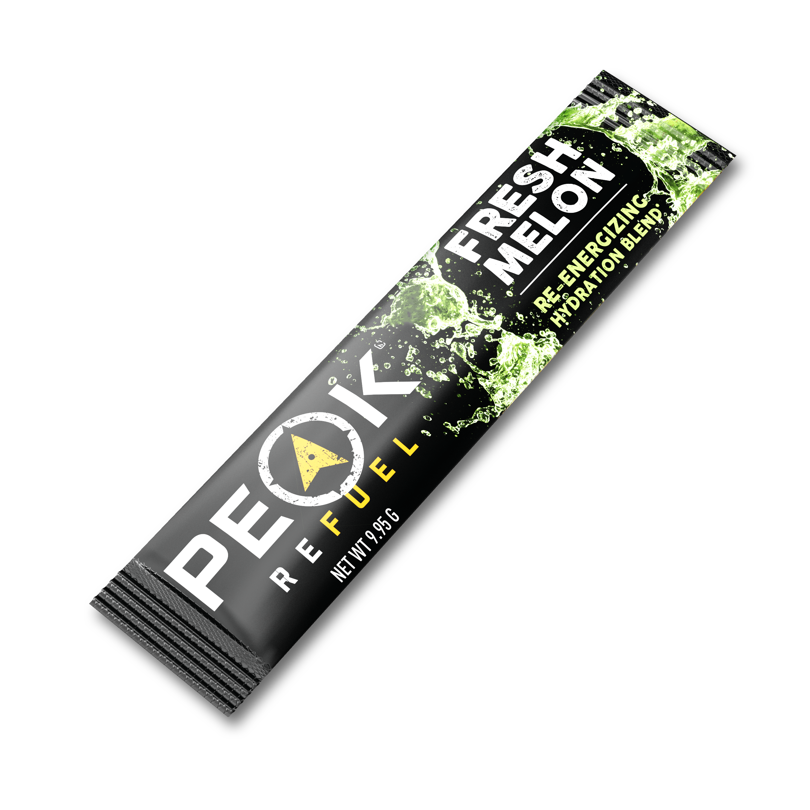 A black and green package with white text and green splashes, ideal for food.