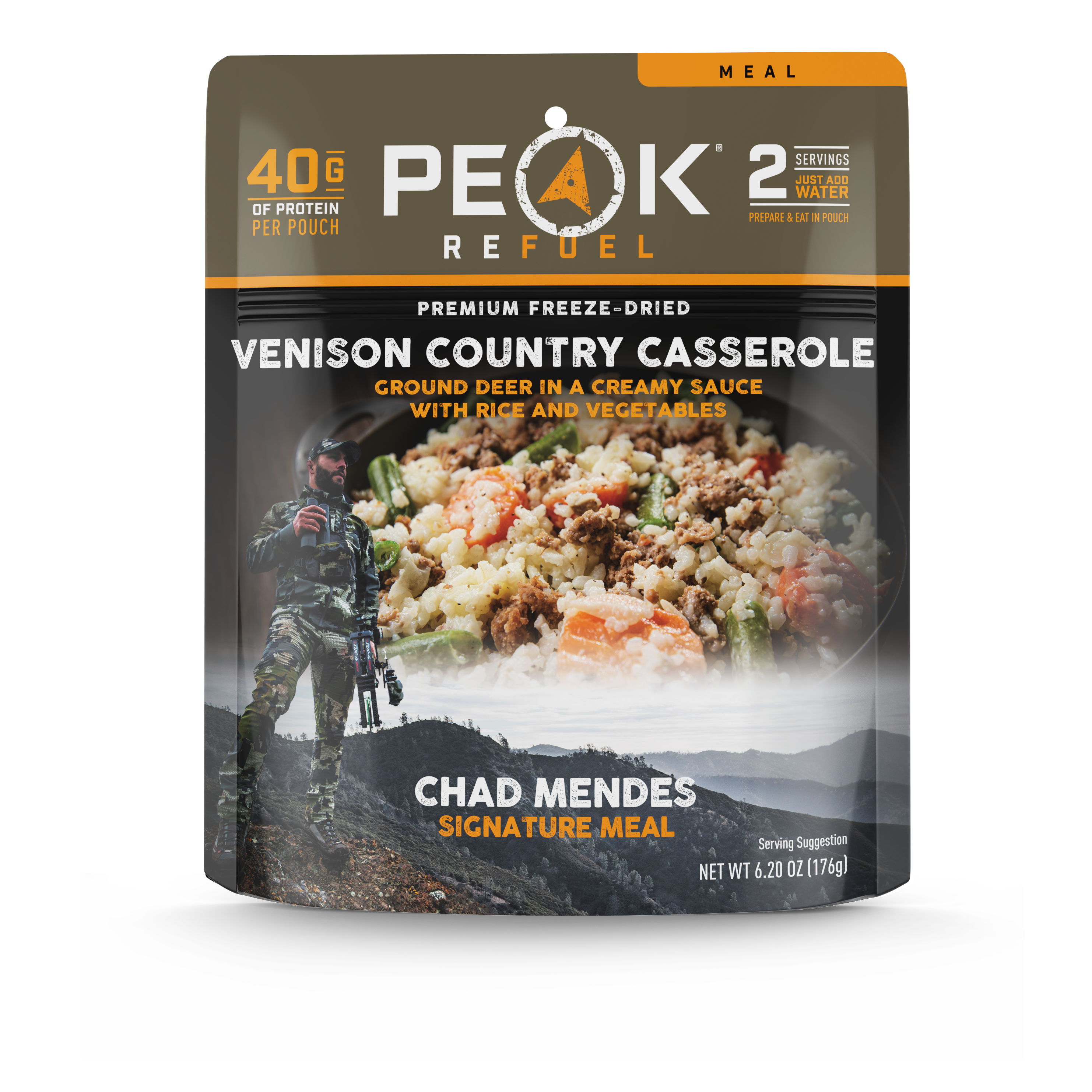 A package of food featuring a man on the label, held by a person in camouflage with a gun.