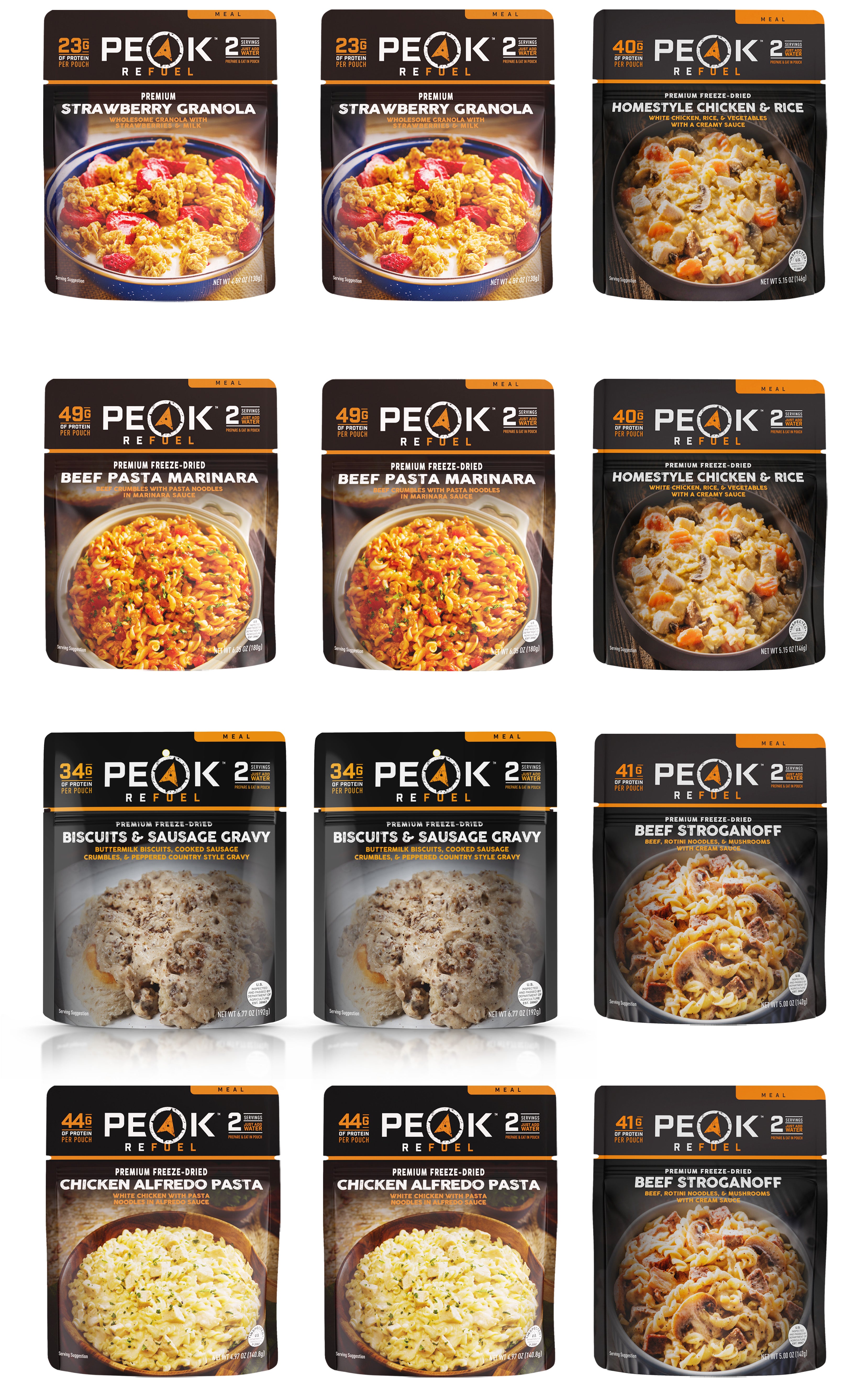 A group of packages of food, including a bowl of noodles with chicken and cheese, a bowl of pasta with meat and sauce, and a bowl of cereal with strawberries and milk.