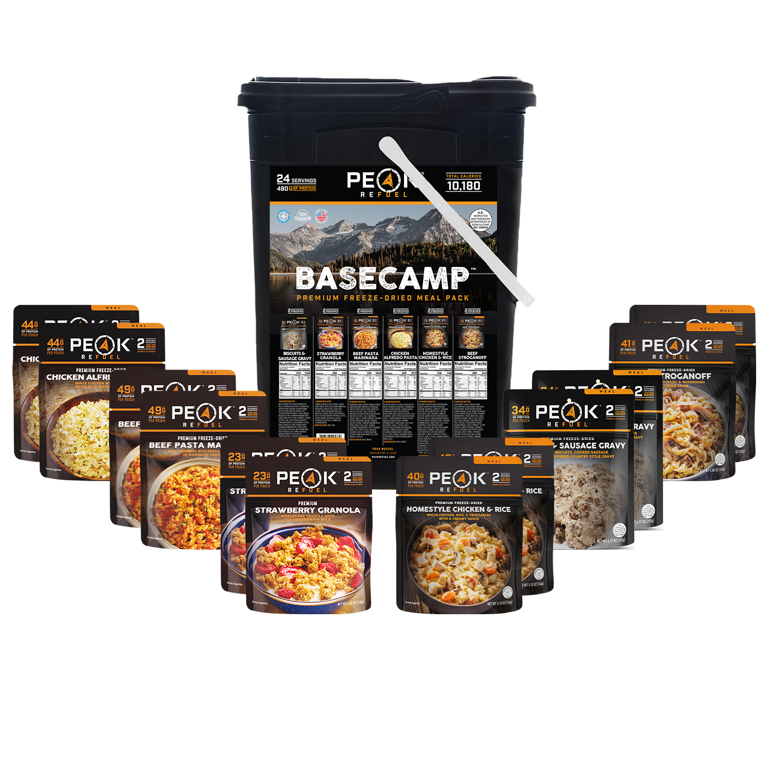 A group of food packages, including a bowl of cereal with strawberries and milk, a bowl of food, and a black container with a white stick on it.