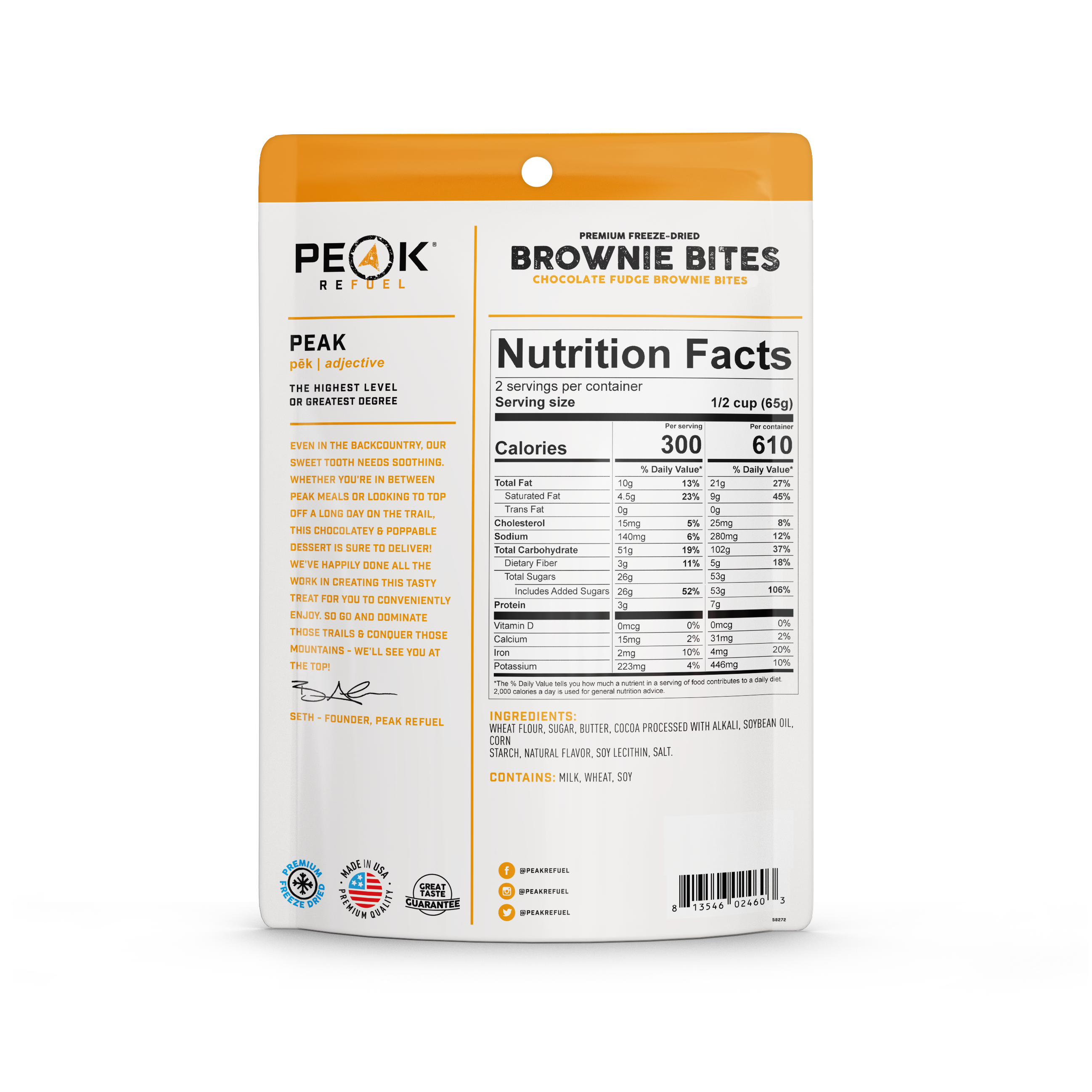 A package of brownie bites, featuring a white package with black and orange text.