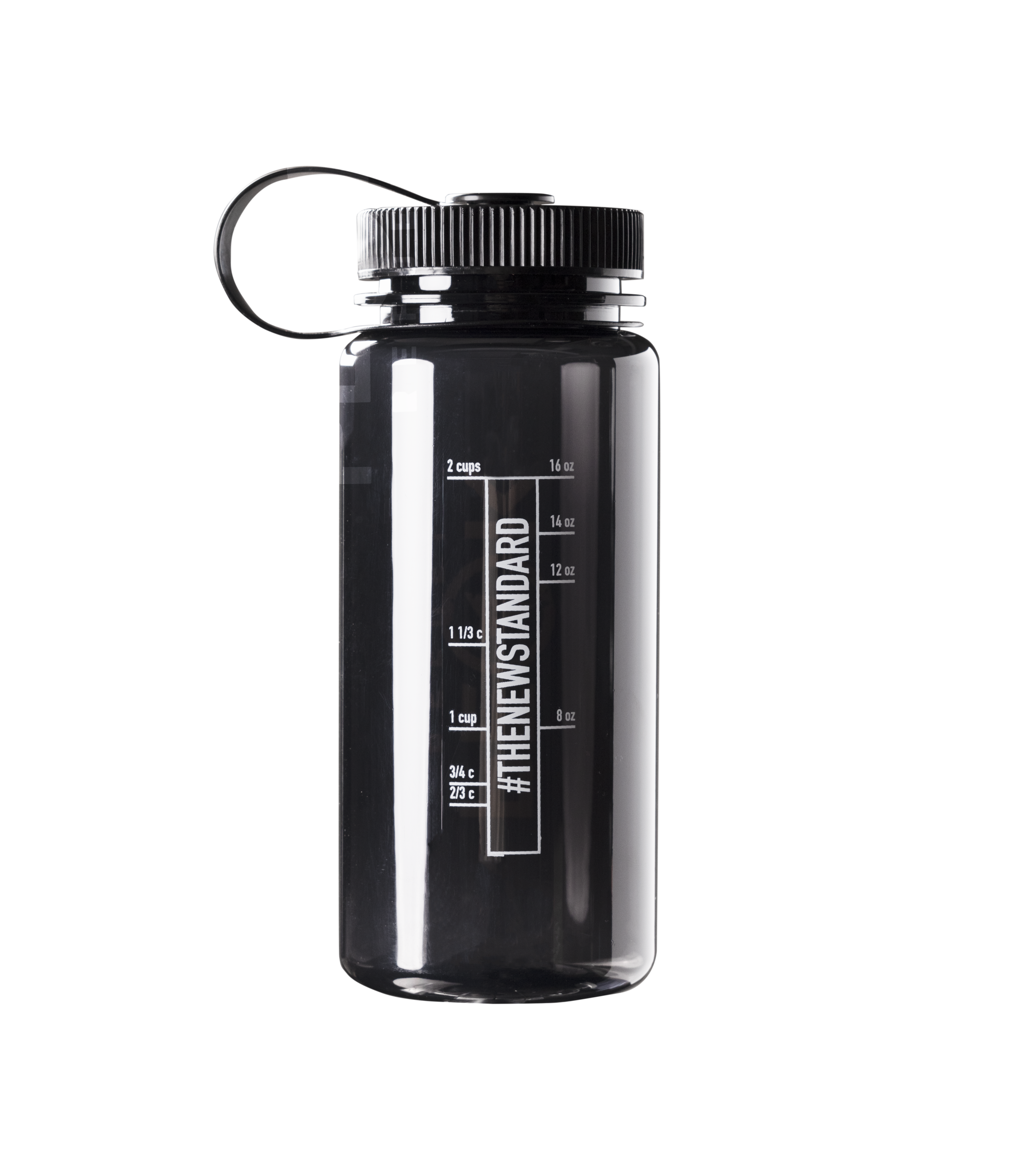 A black water bottle with a black cap, featuring white text.