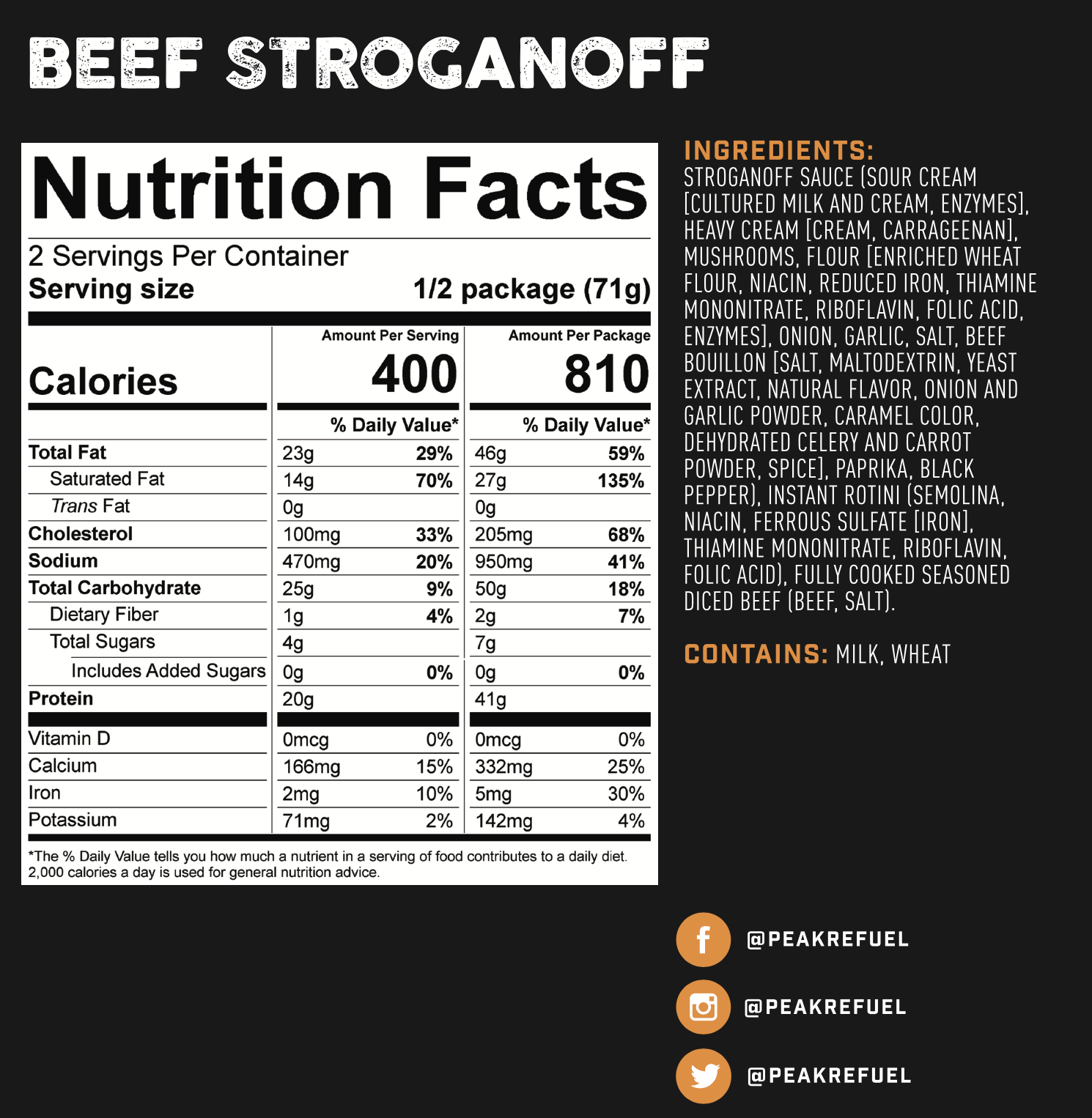 A black and white nutrition label with text on a black background, including a nutrition facts label, a letter "F" in a circle, and a camera logo.