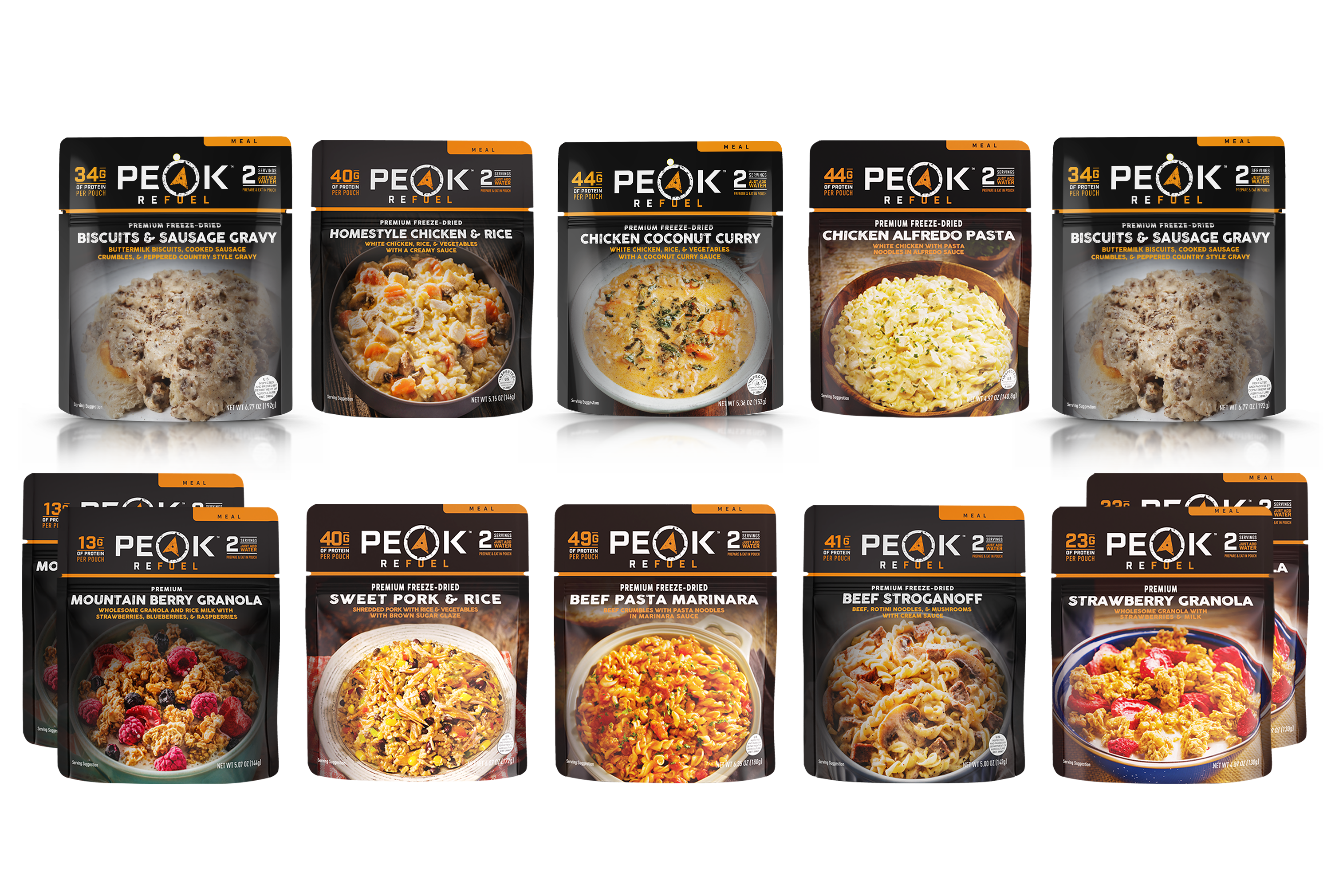 A group of food packages on a wood surface, including a bowl of noodles with chicken and herbs, pasta with meat and spices, soup with vegetables and rice, and cereal with strawberries and milk.