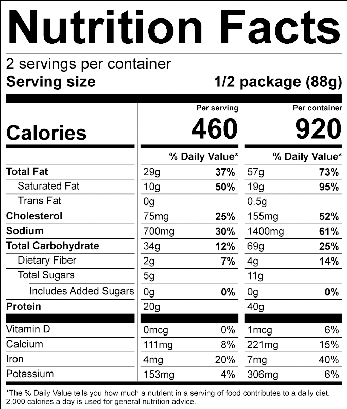 A nutrition facts label with black text and a black and white logo.