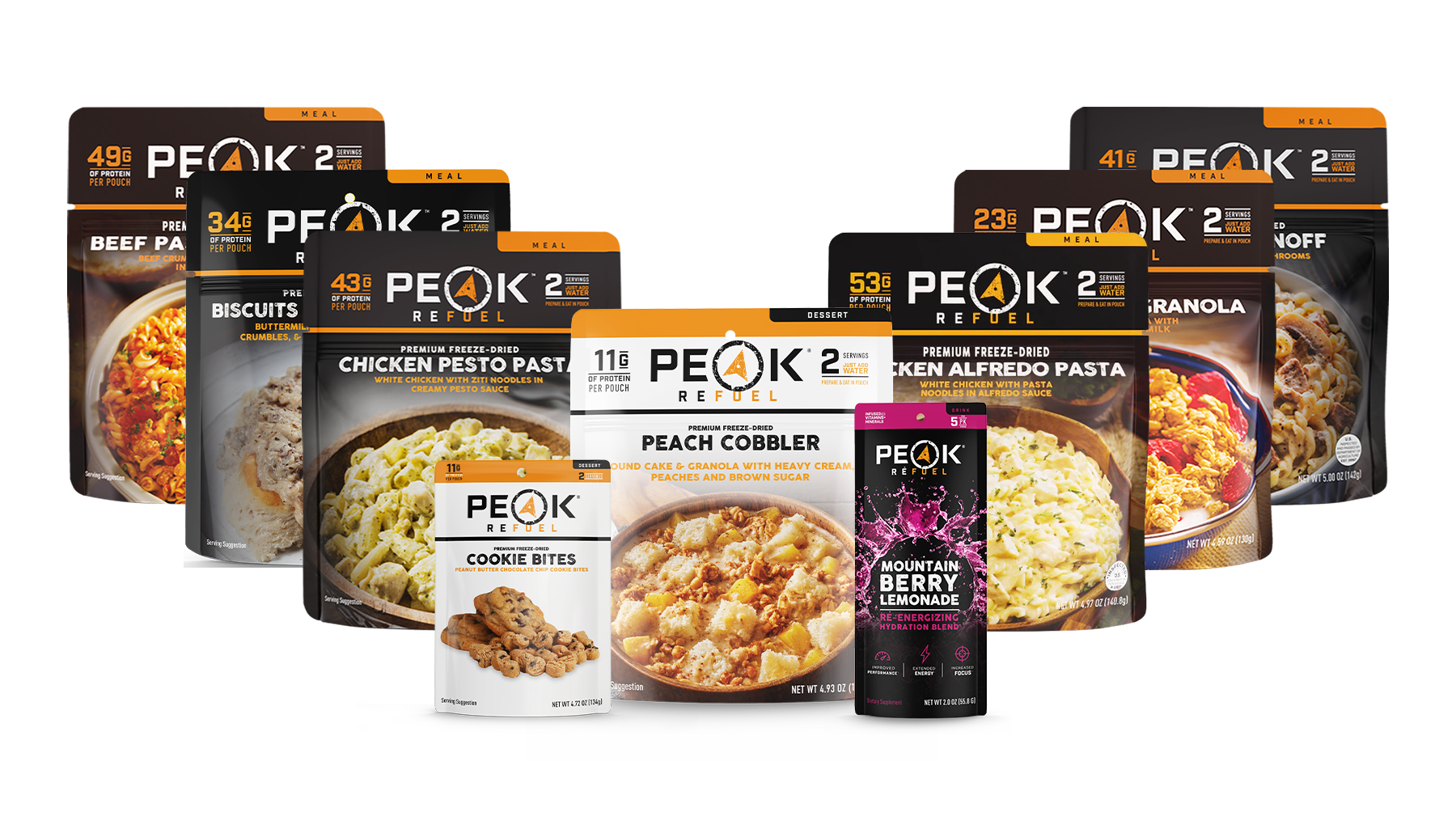A group of Peak Refuel premium meals and drinks from the Elevation Variety Pack, including Strawberry Granola, Biscuits and Gravy, Beef Pasta Marinara, Beef Stroganoff, Chicken Alfredo, Chicken Pesto, Peach Cobbler, Cookie Bites, and Mountain Berry Lemonade 5-Pack.