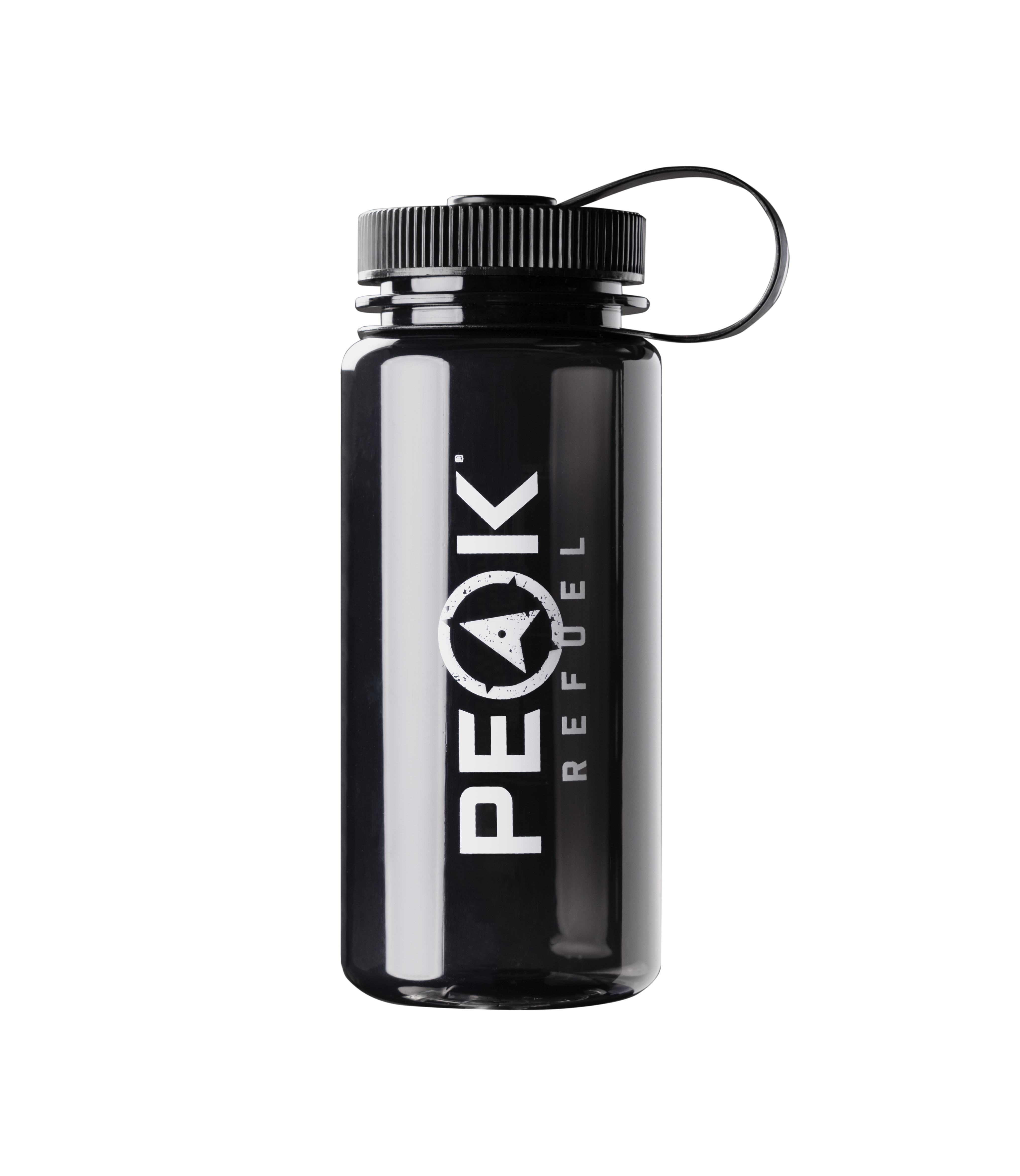A black water bottle with a black cap, ideal for staying hydrated on the go.