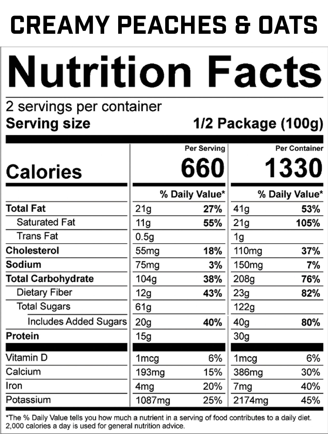 A nutrition facts label with black text, providing essential information about the undefined product.