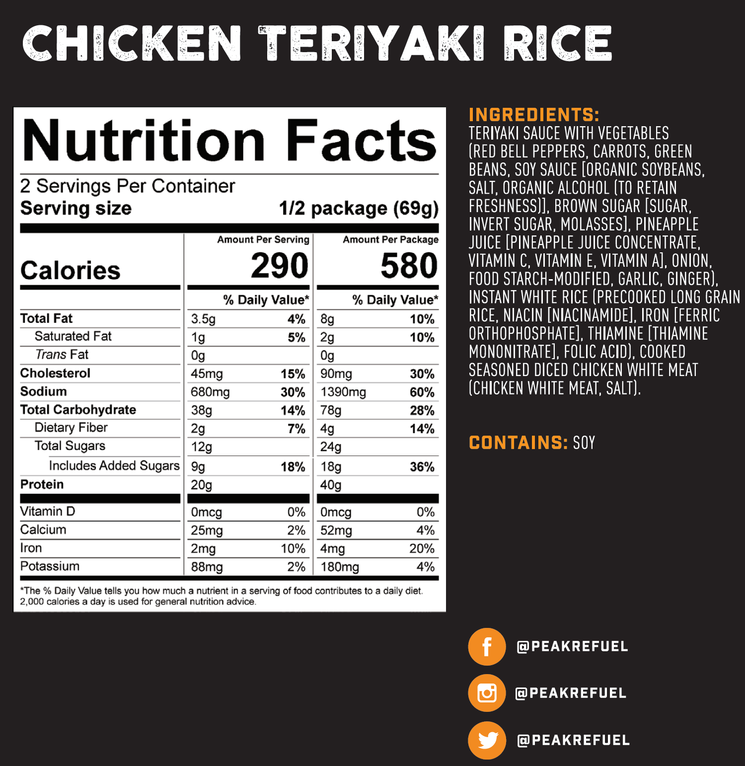 A nutrition facts label with black text and a logo of a camera on a black background.