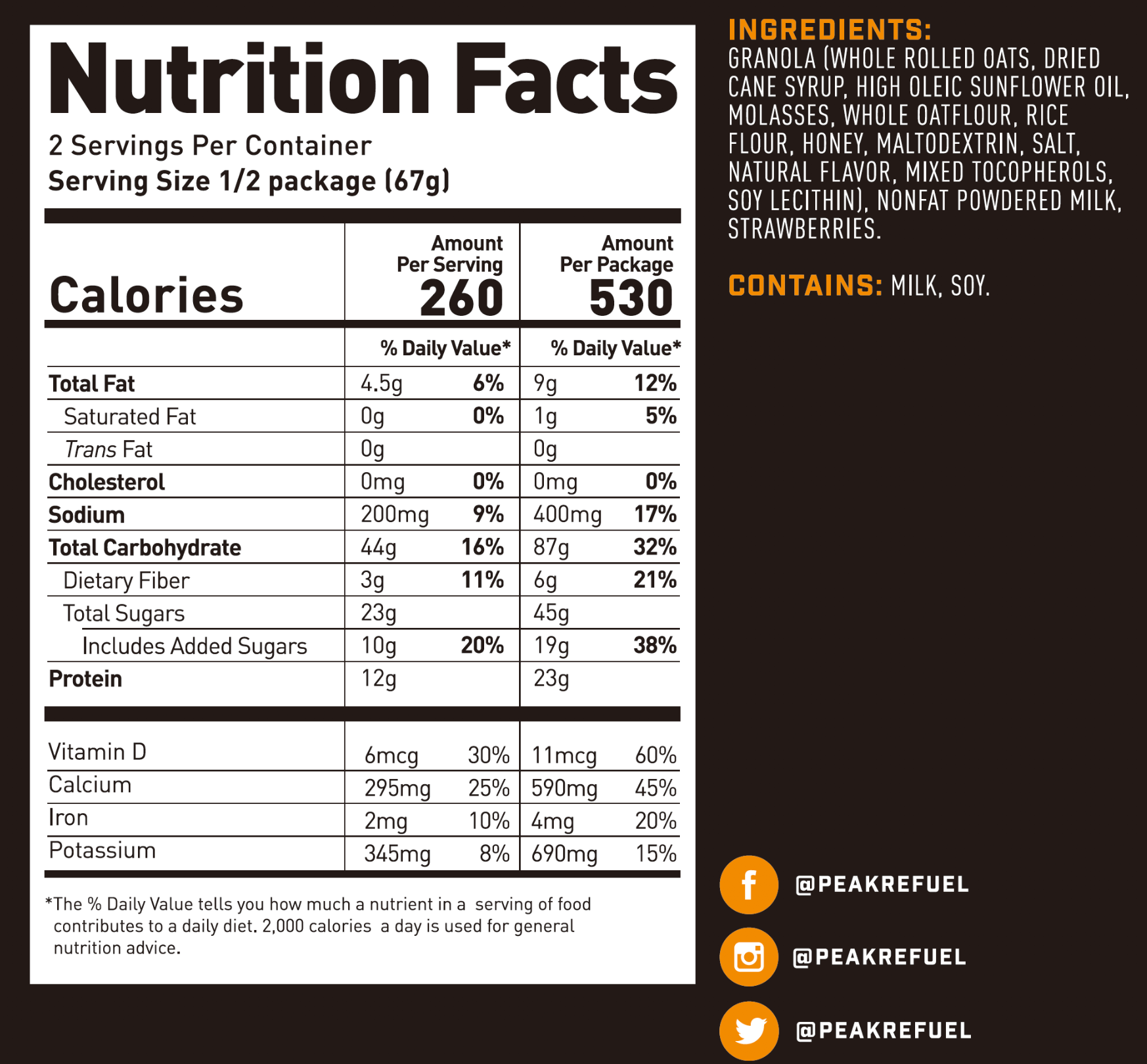 A nutrition facts label with text, a black and white label with black text, a black and white sign with black letters, a black number with a white background, a black numbers on a white background, a close up of a logo, a logo of a camera, a white letter f in a circle.