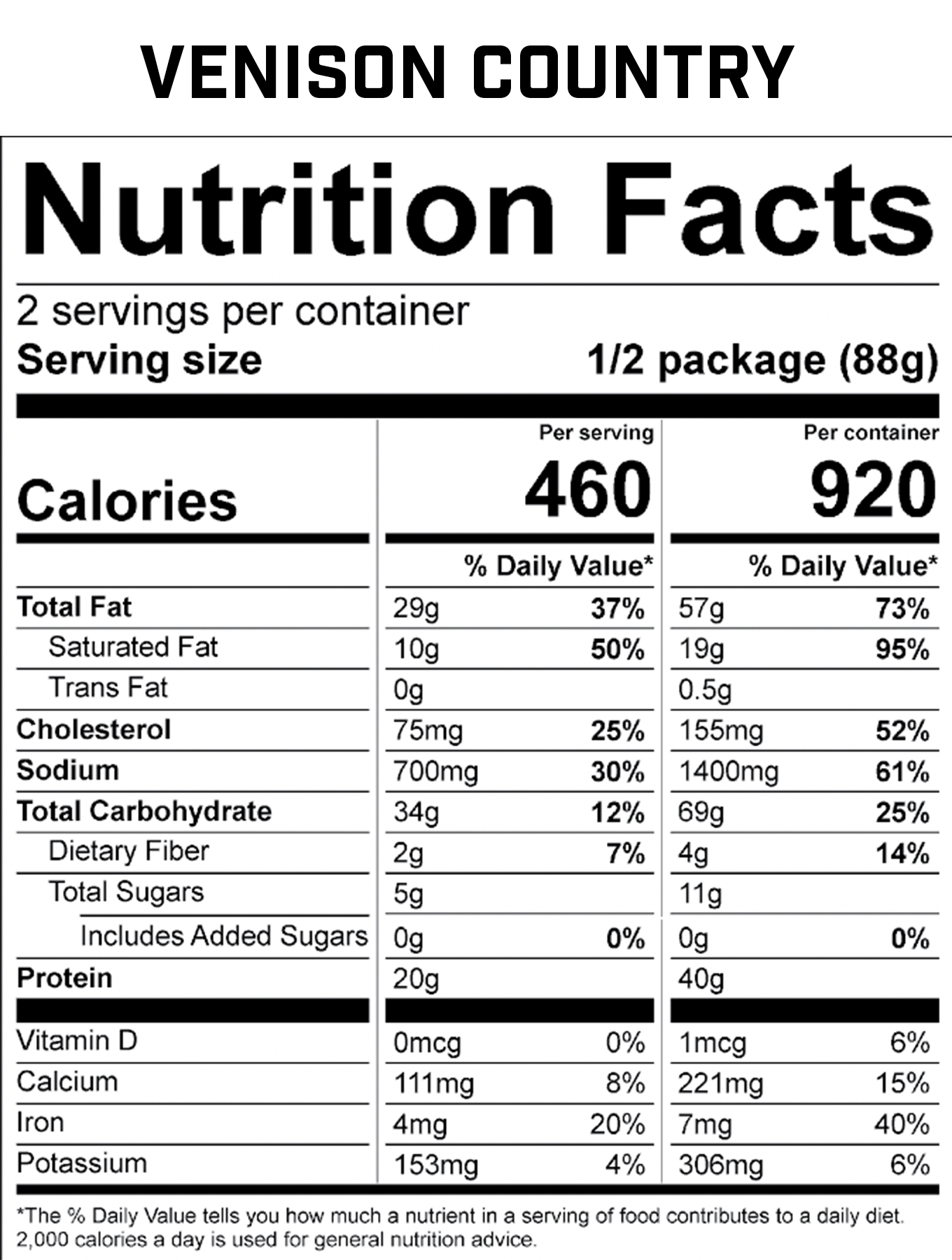 A nutrition facts label with black text, including numbers and text.