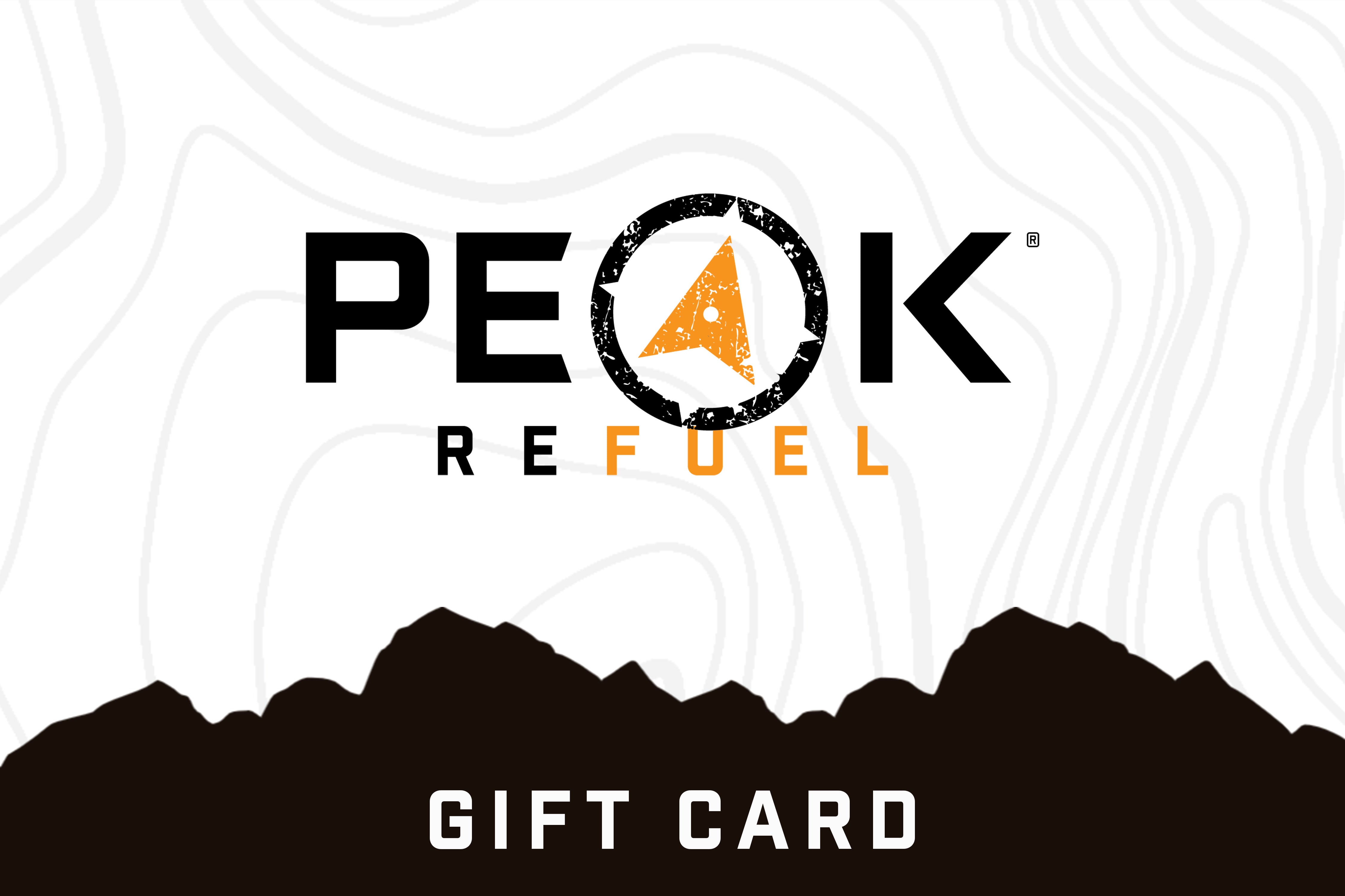 A gift card featuring a logo with a mountain in the background, a black and orange compass, and a black letter E on a white background.